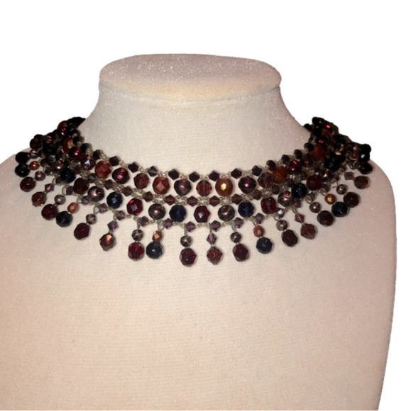 VTG Rachel Reinhardt Garnet Colour Crystal Beaded Collar Bib Necklace 11” -  14” - Picture 1 of 6